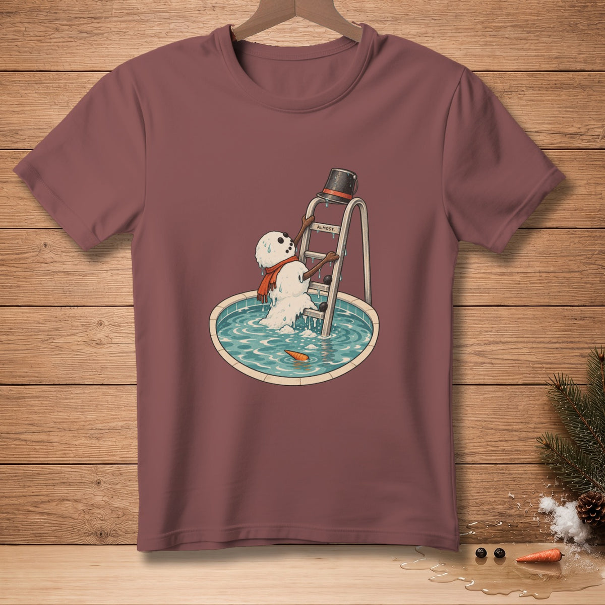 Melting snowman on a ladder reaching for a pool with a carrot.
