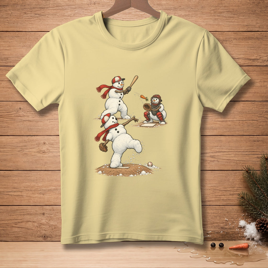 Snowmen playing baseball with a pitcher, batter, and catcher on a cream t-shirt.