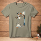 T-shirt graphic of a melting snowman playing basketball and dunking.