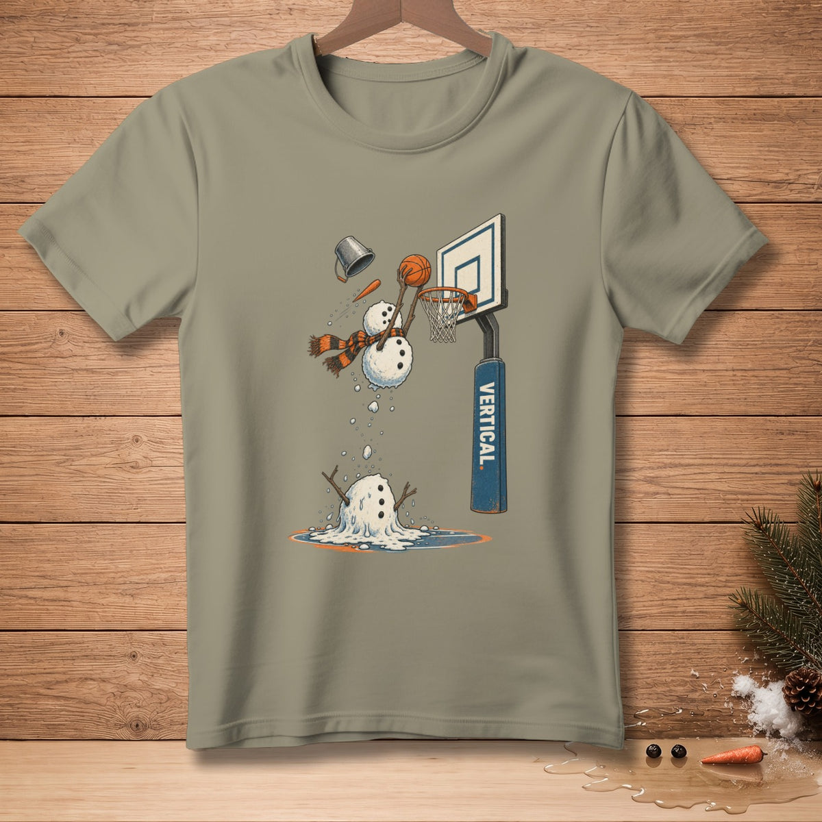 T-shirt graphic of a melting snowman playing basketball and dunking.