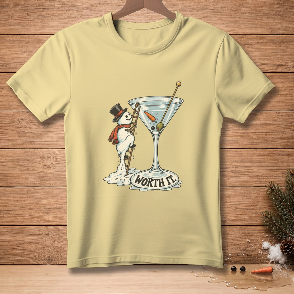 Snowman in a top hat climbs a ladder into a martini glass that says "WORTH IT."