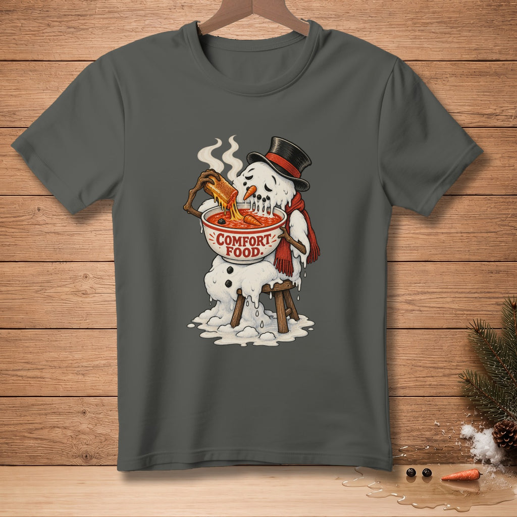 Melting snowman in top hat eating soup from a bowl labeled "COMFORT FOOD."