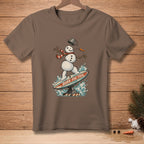 Snowman surfing on a surfboard with text "BORN FOR THIS."
