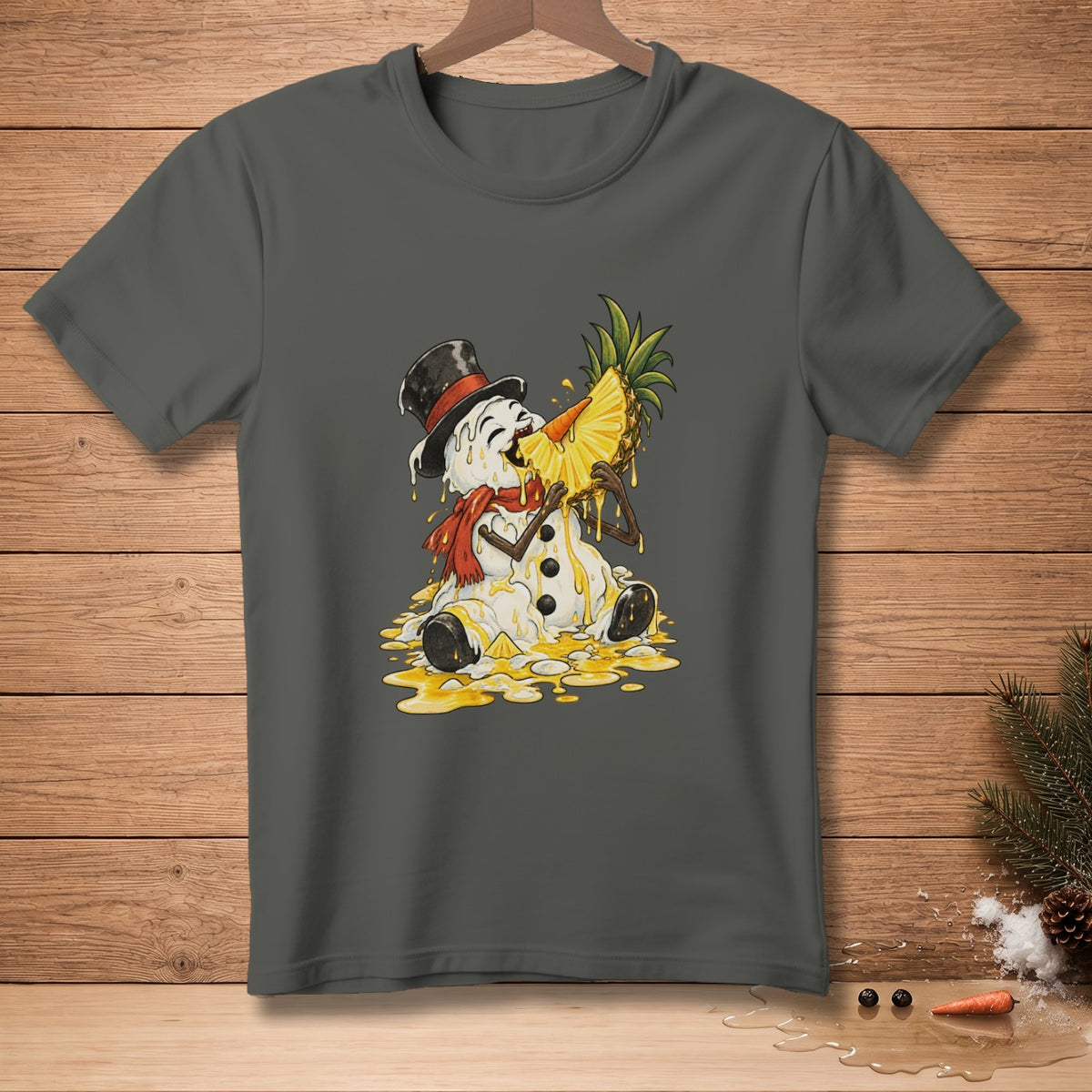 Melting snowman in a top hat eating a pineapple slice.