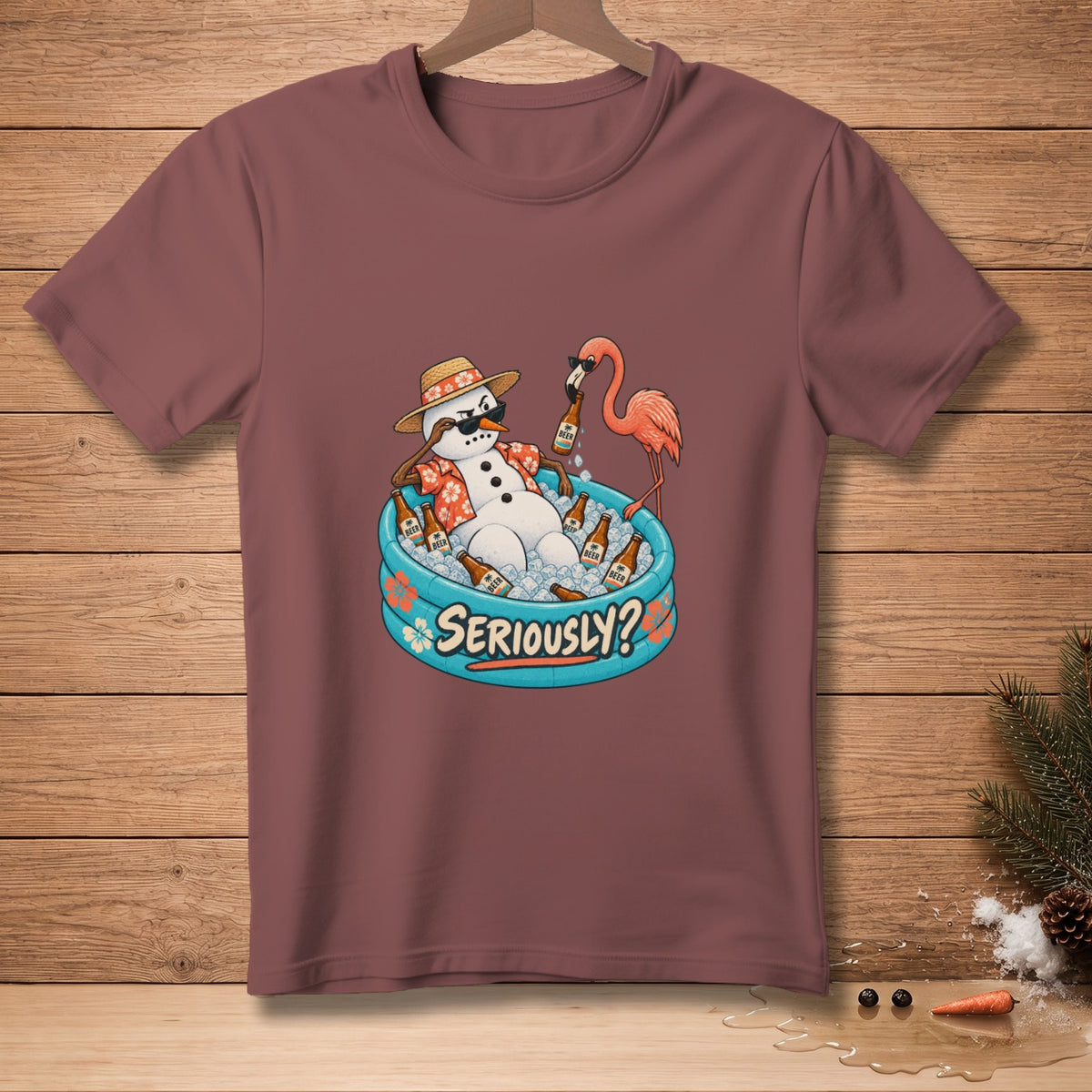 Snowman wearing sunglasses and Hawaiian shirt in kiddie pool with beer bottles and flamingo.