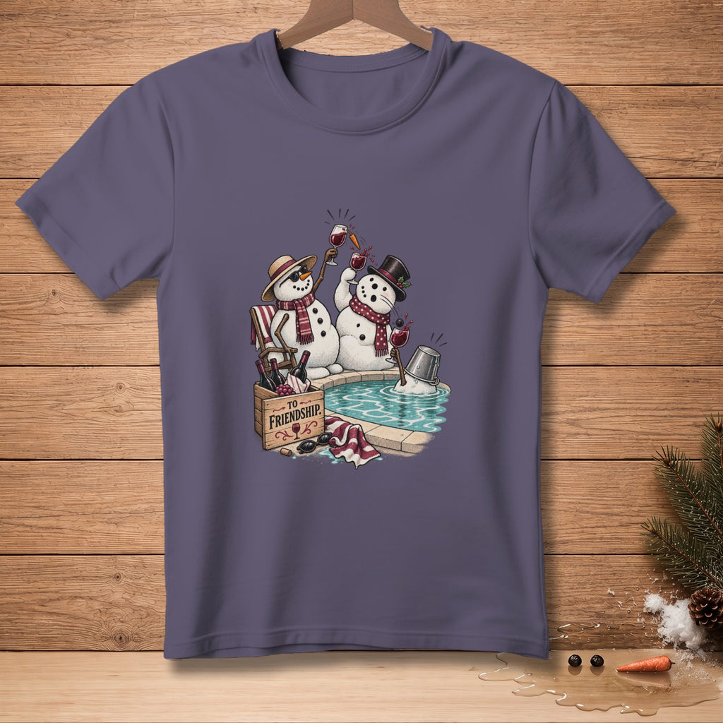 Two snowmen celebrating with wine in a hot tub with a sign that reads "TO FRIENDSHIP."