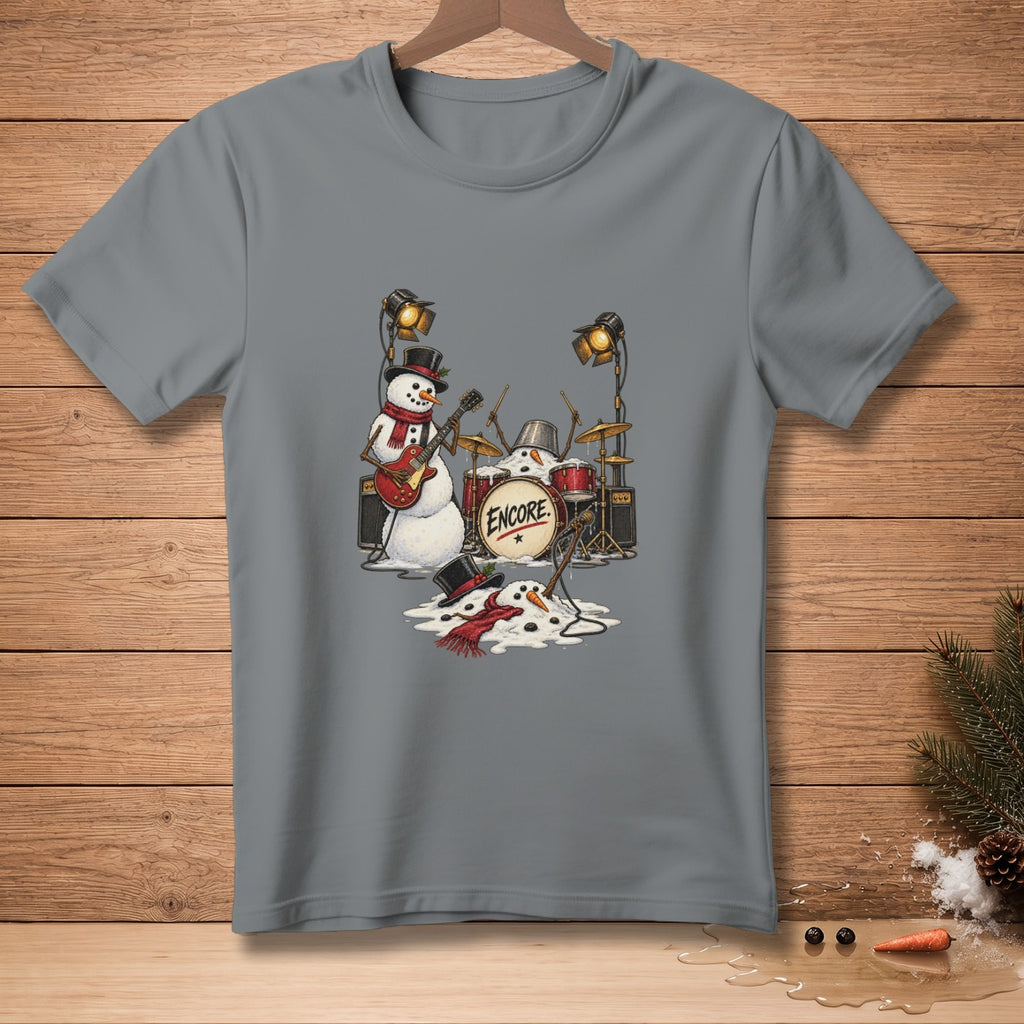 Melting snowmen play a rock concert with "Encore" written on the drum.