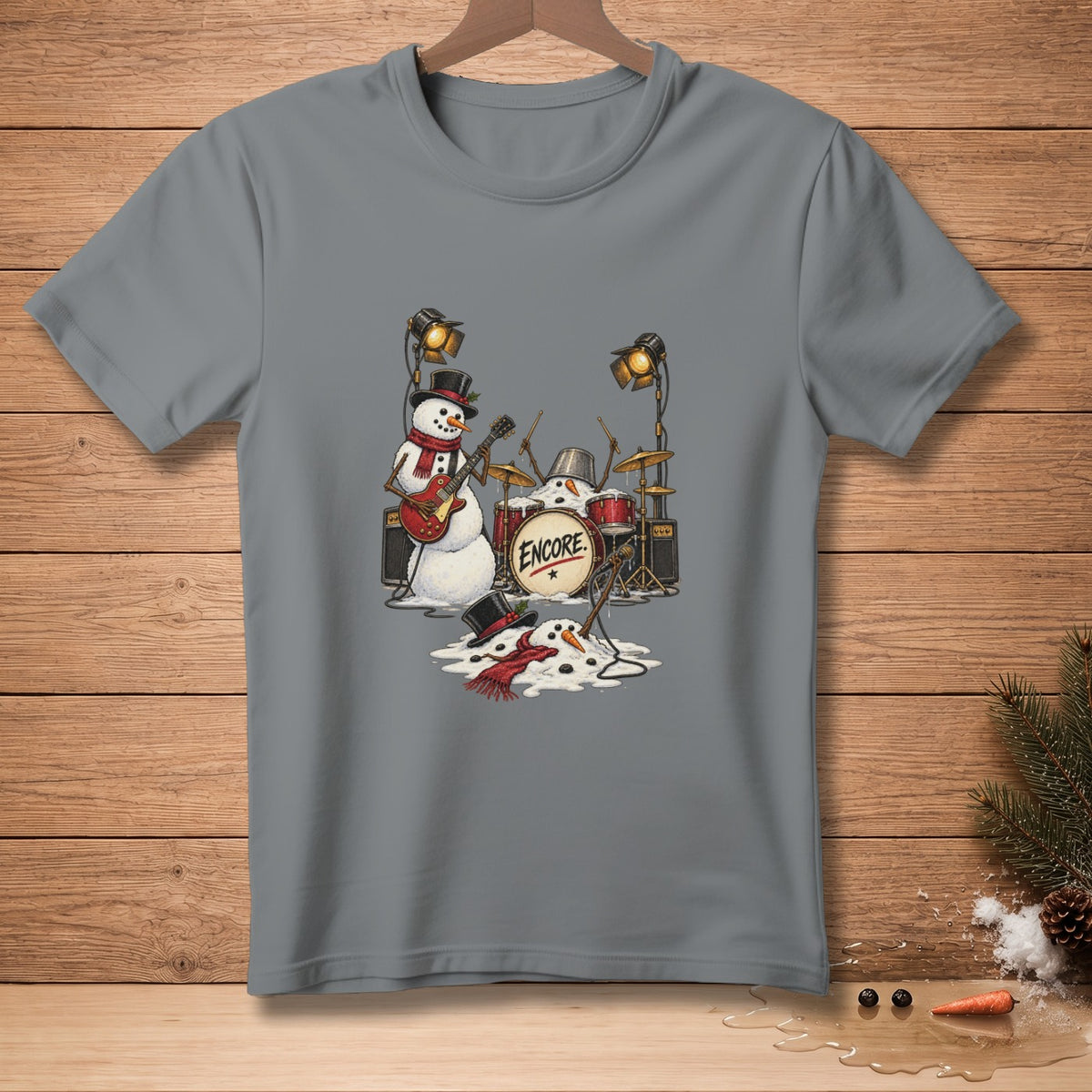 Melting snowmen play a rock concert with "Encore" written on the drum.