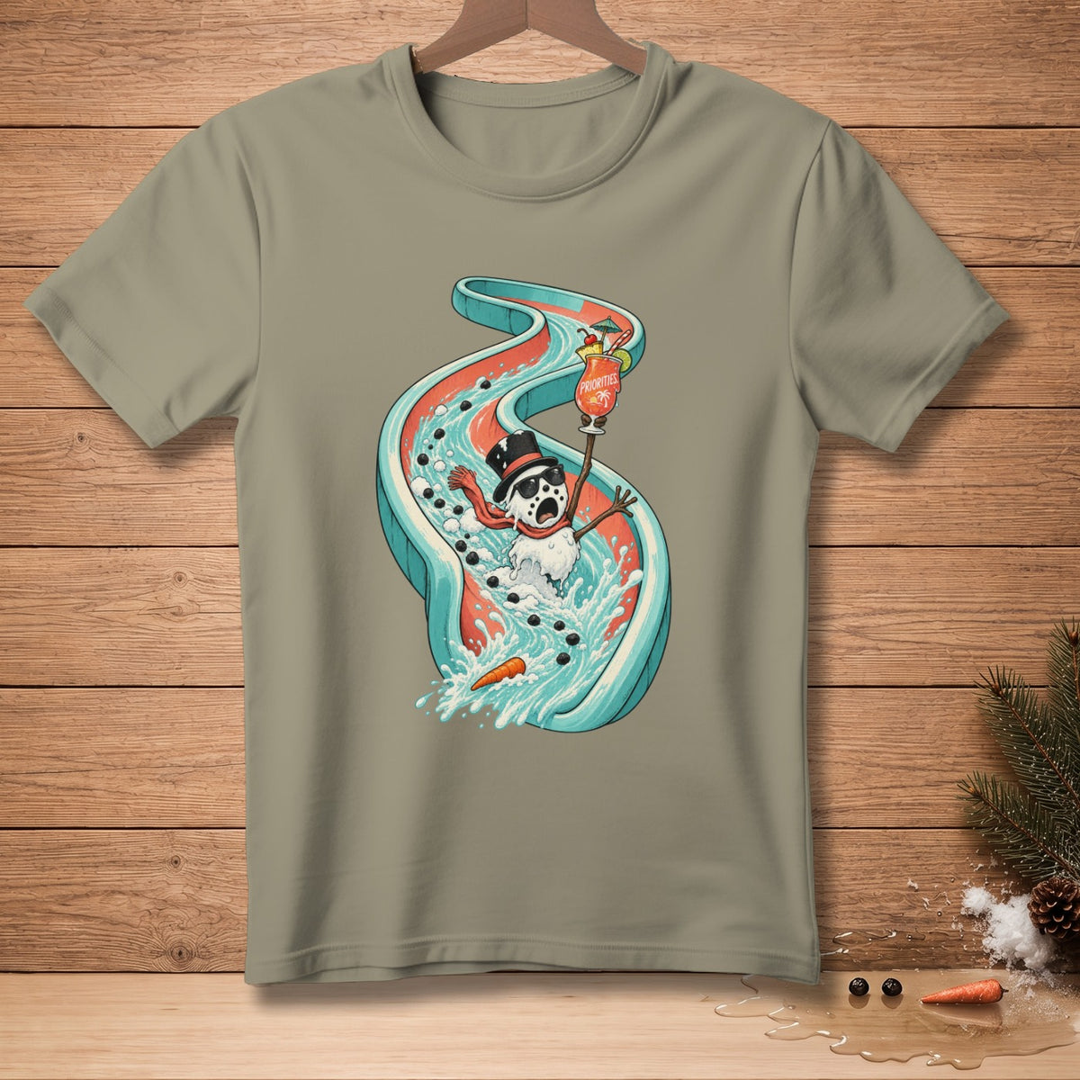 Snowman in sunglasses sliding down water slide with a drink labeled "Priorities".