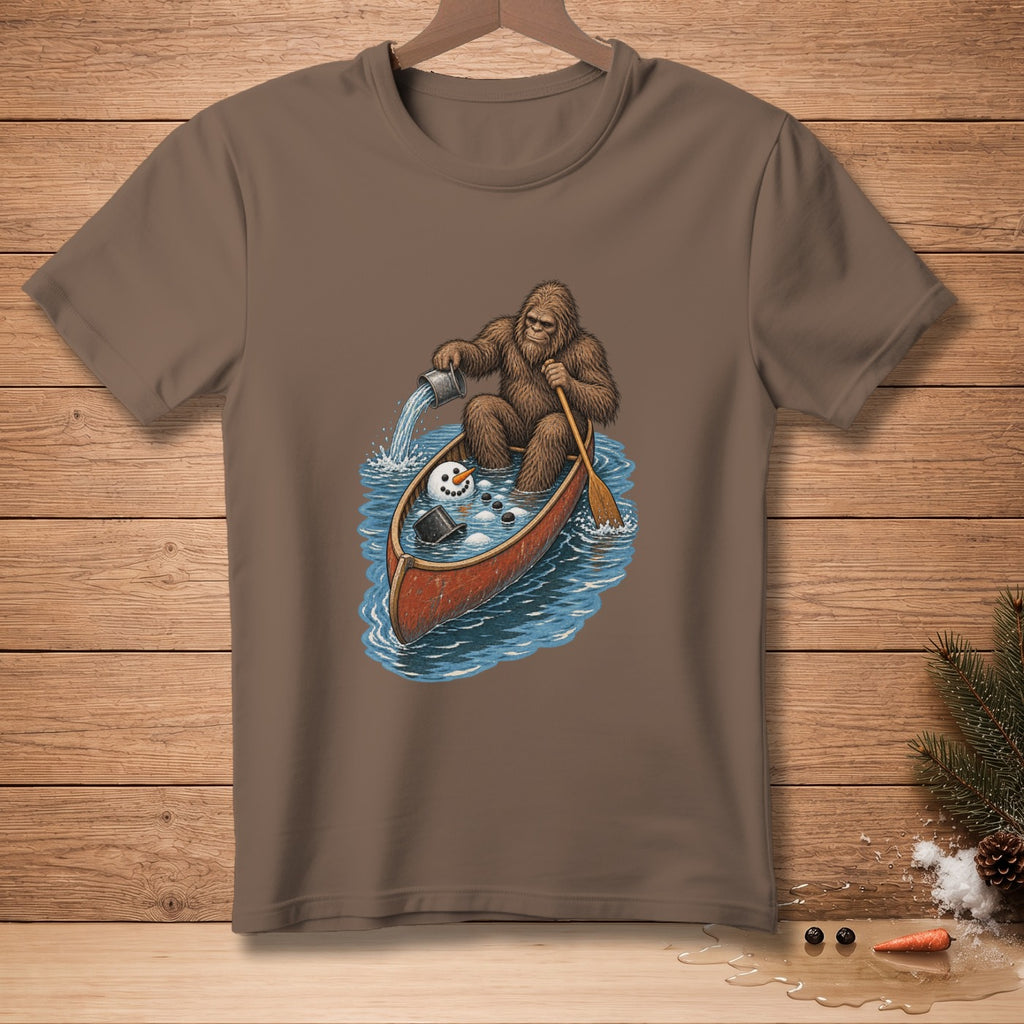 Bigfoot in a canoe with a snowman, pouring water from a bucket.