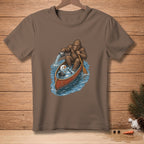 Bigfoot in a canoe with a snowman, pouring water from a bucket.