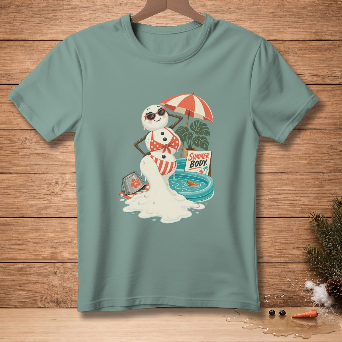 Melting snowman in bikini by pool with umbrella and "Summer Body" sign.