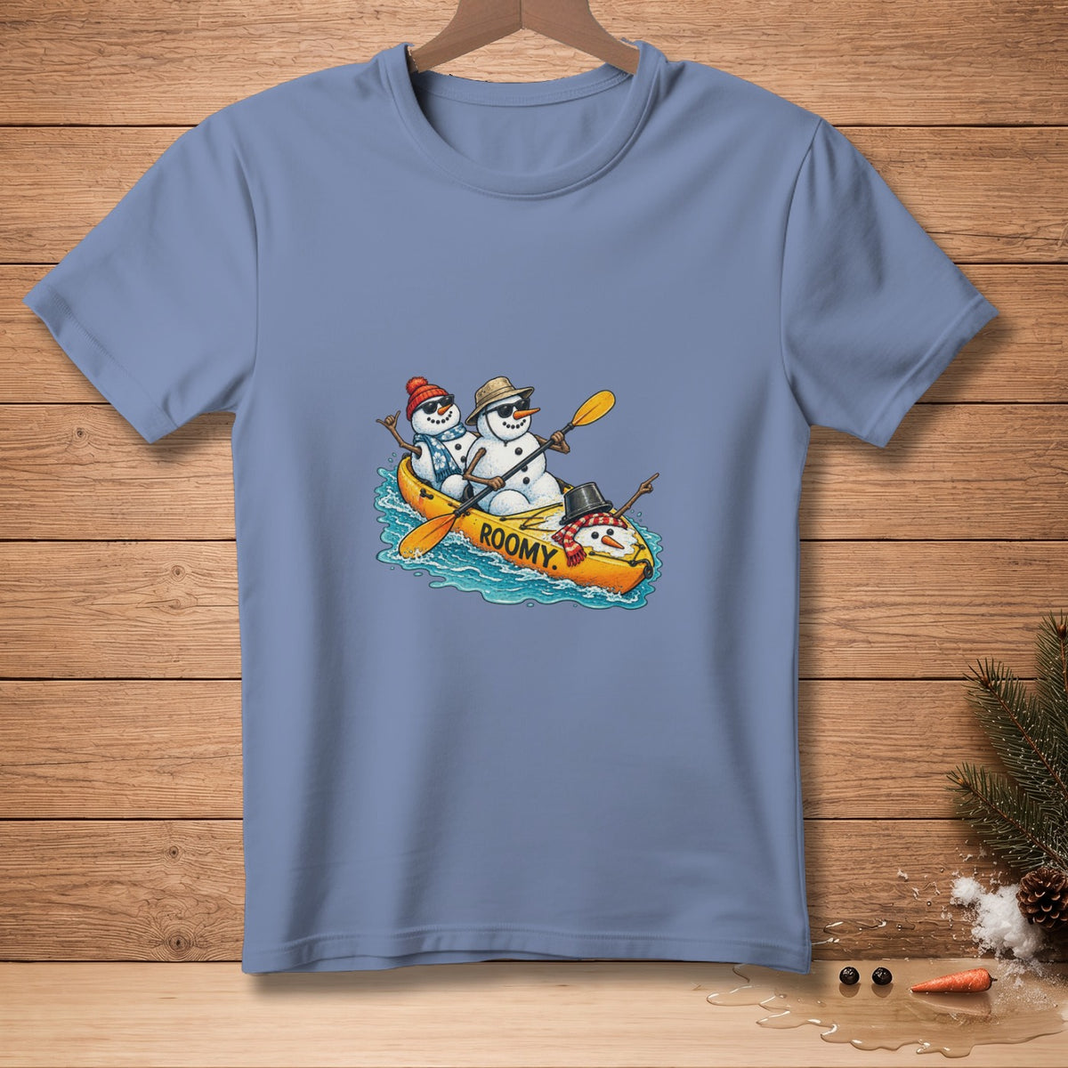 Three snowmen in a yellow kayak, with "ROOMY" written on the side.