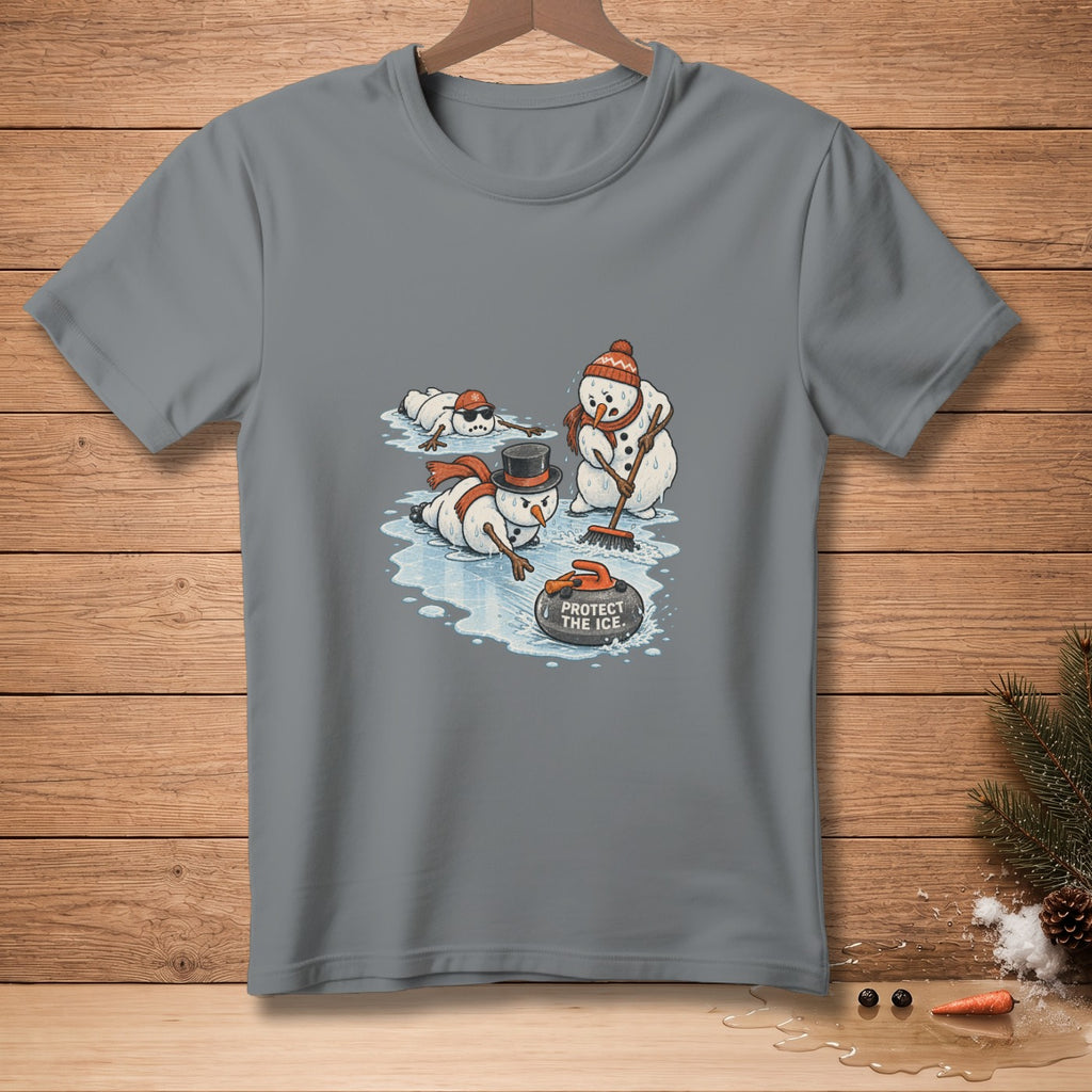 Snowmen play curling with a stone that says "Protect the Ice."