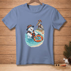 Snowman and pelican in life vests on a beach, with a snowman in a life preserver.