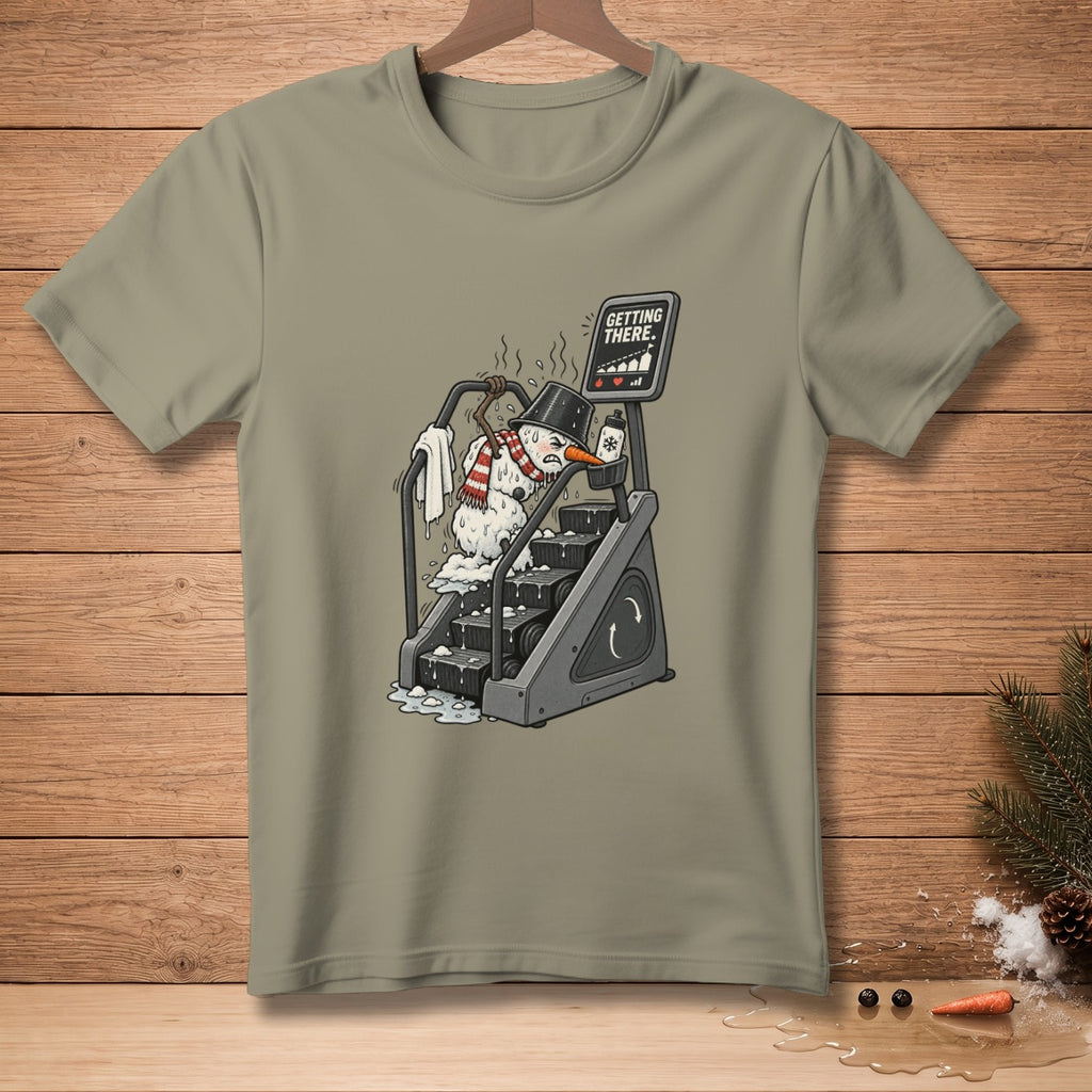 Cartoon snowman on a stair climber with "Getting There" text.