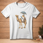 White t-shirt with a cartoon camel wearing a scarf and umbrella, covered in dripping white liquid.