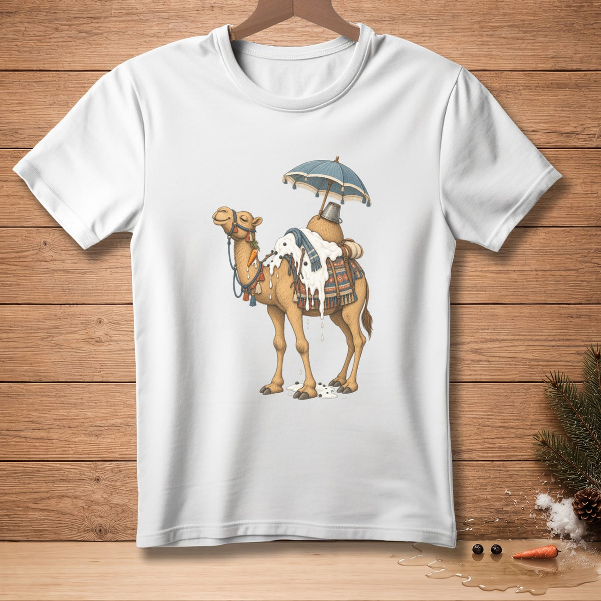 White t-shirt with a cartoon camel wearing a scarf and umbrella, covered in dripping white liquid.