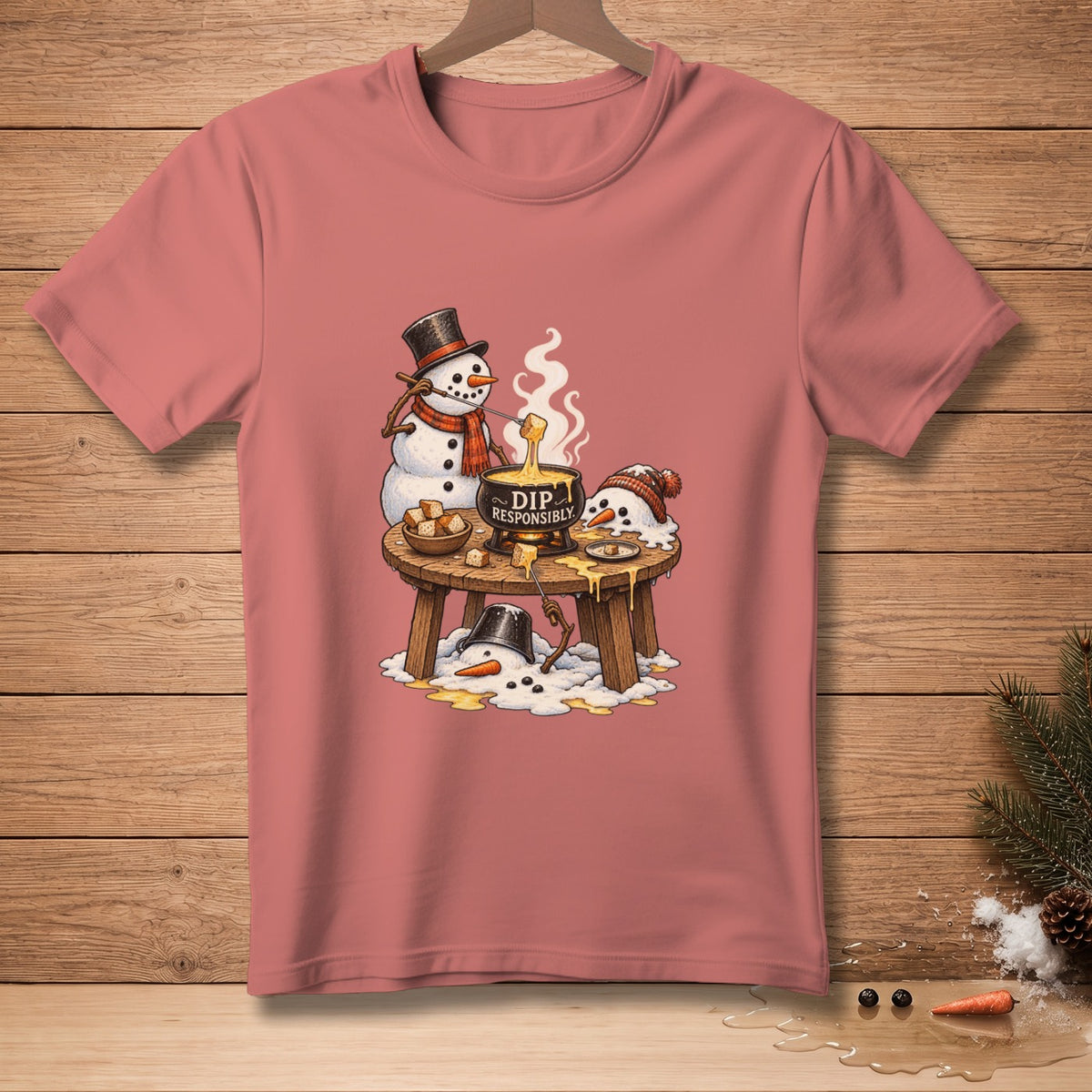 Snowmen melting while dipping bread into fondue, text reads "DIP RESPONSIBLY."