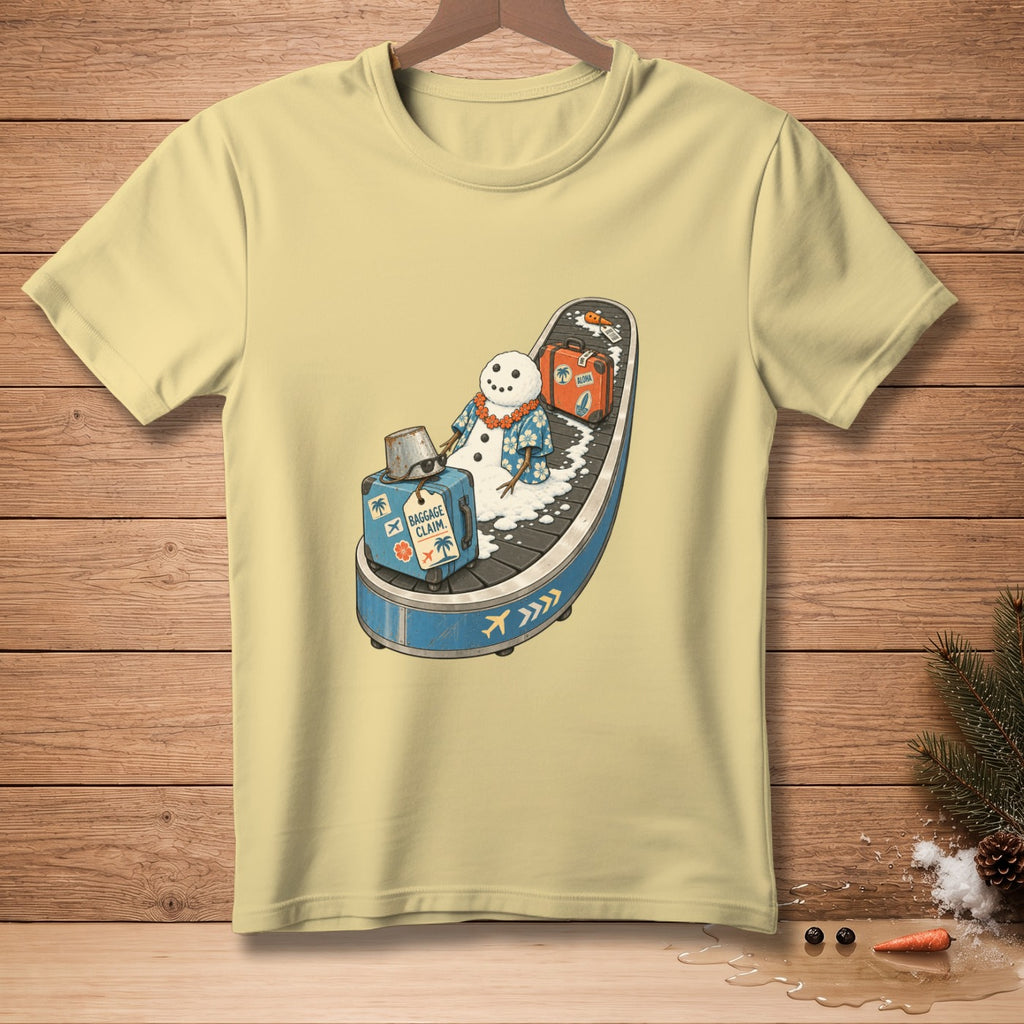 Snowman on baggage claim with suitcases and a tropical shirt.