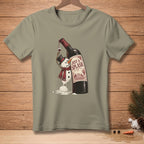 Snowman wearing a hat and scarf drinks wine from a bottle that says "Just a Splash."