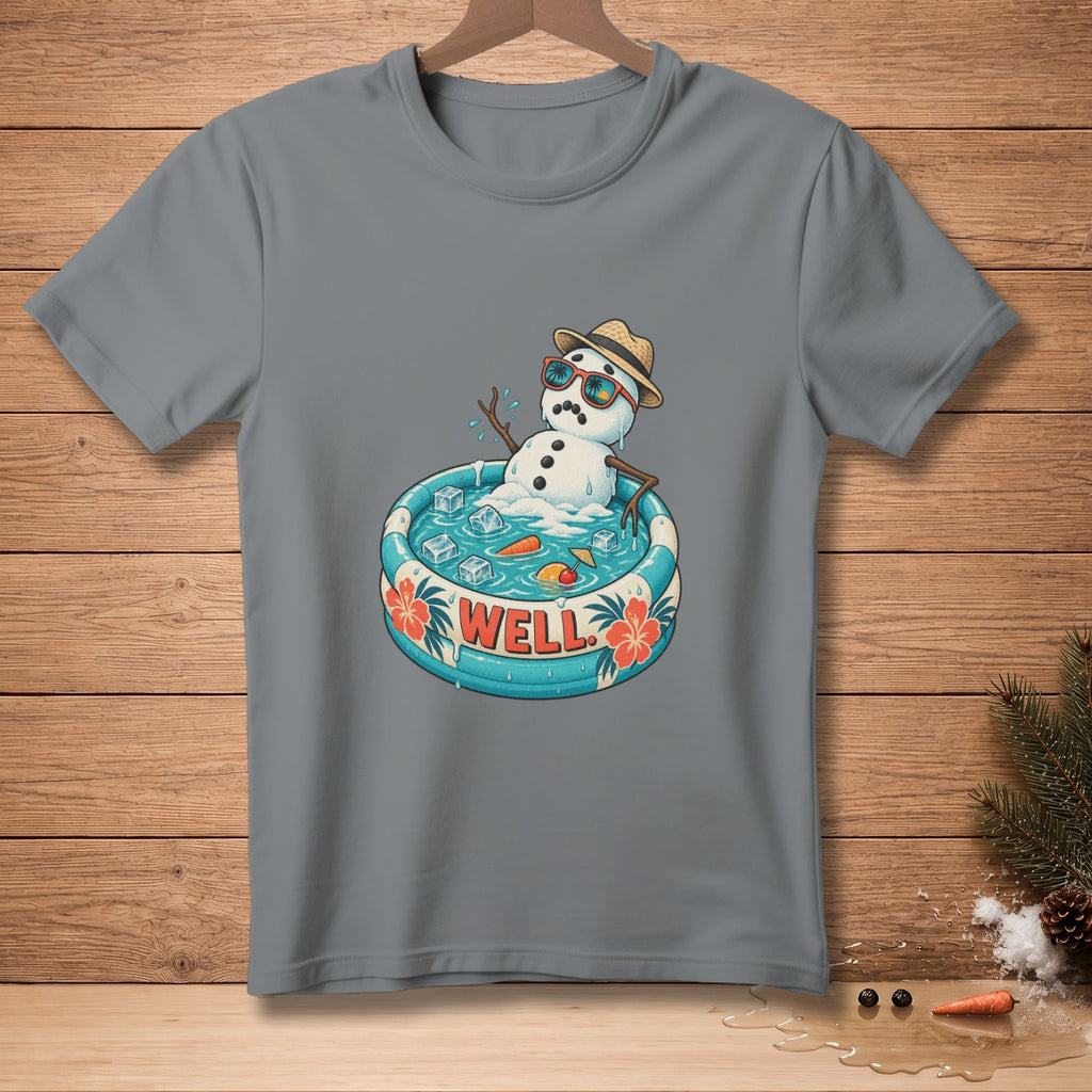 Snowman in a pool with "WELL" text on a grey t-shirt.