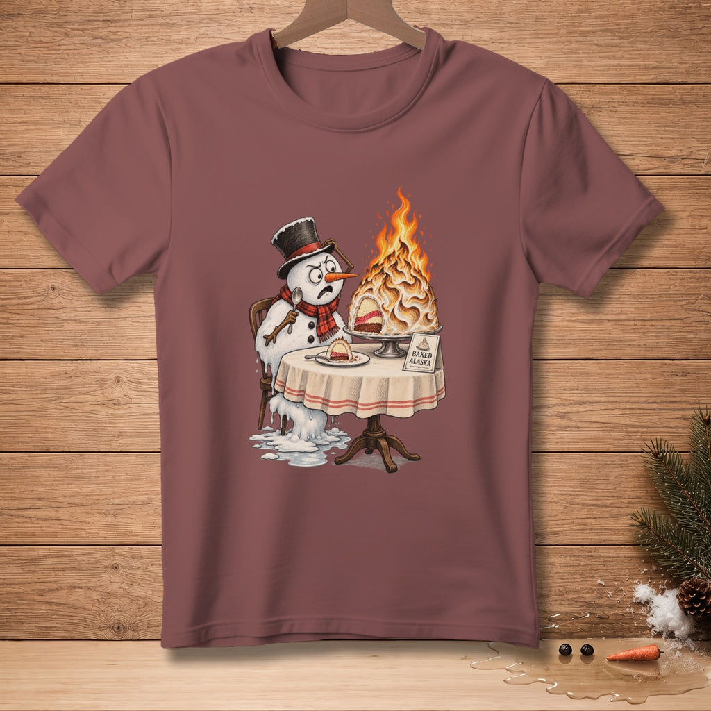 Melting snowman in hat and scarf stares at flaming baked Alaska dessert.
