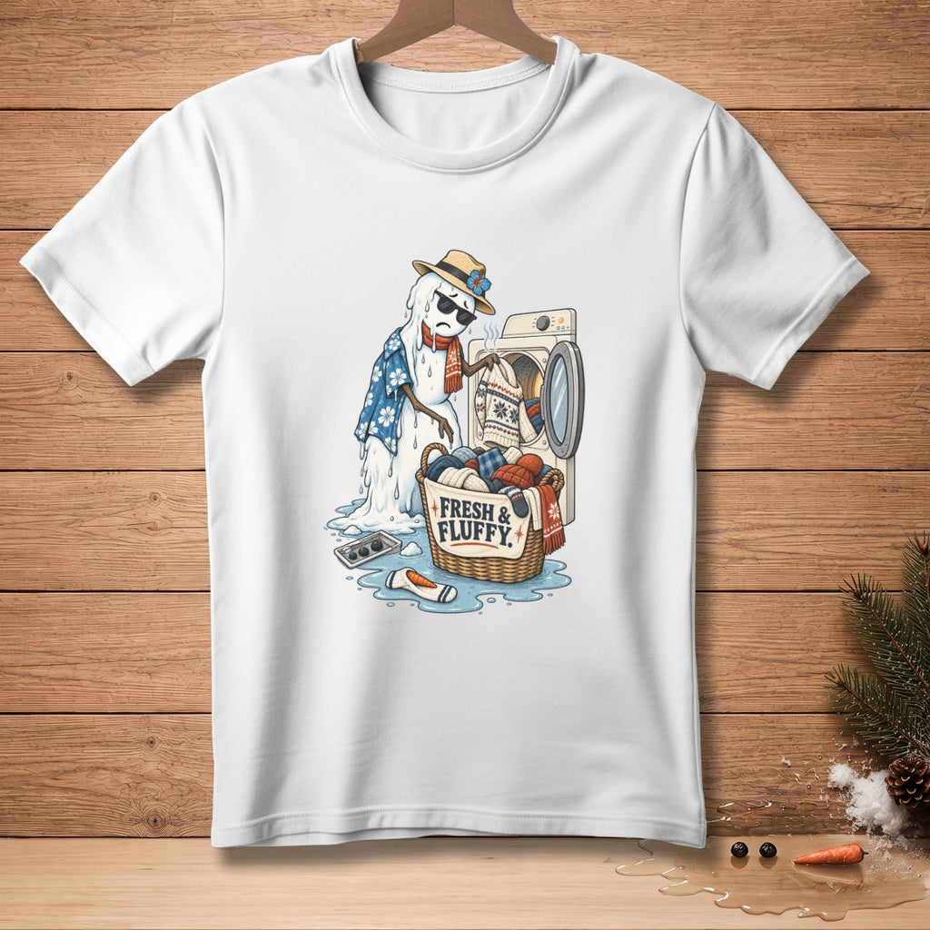 Melting snowman in Hawaiian shirt and sunglasses next to laundry basket.