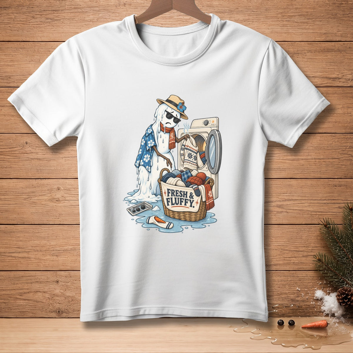 Melting snowman in Hawaiian shirt and sunglasses next to laundry basket.
