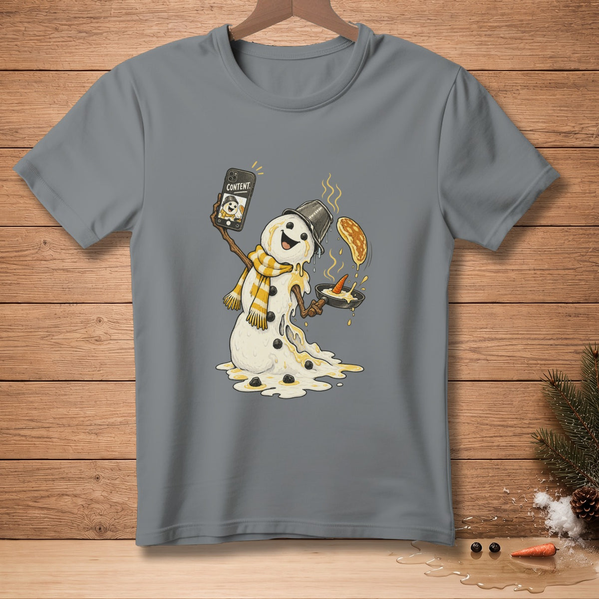 Melting snowman with bucket hat and scarf makes pancakes while taking a selfie.