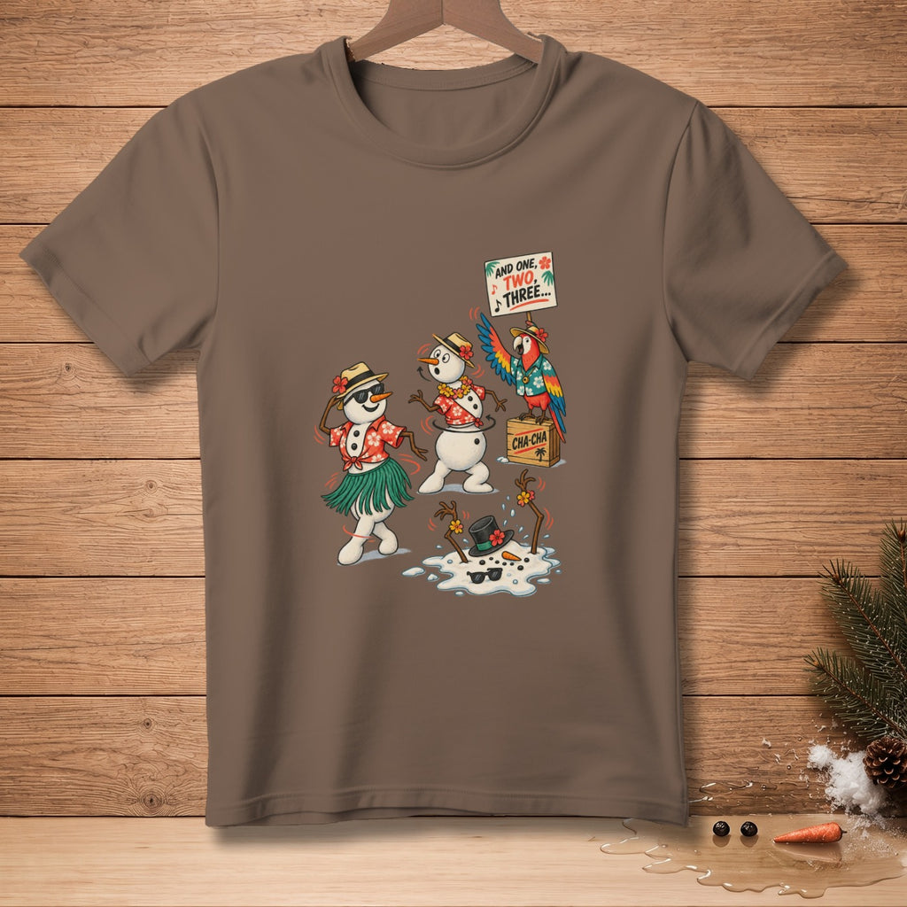 Two snowmen dance to a parrot's tune on a brown t-shirt.