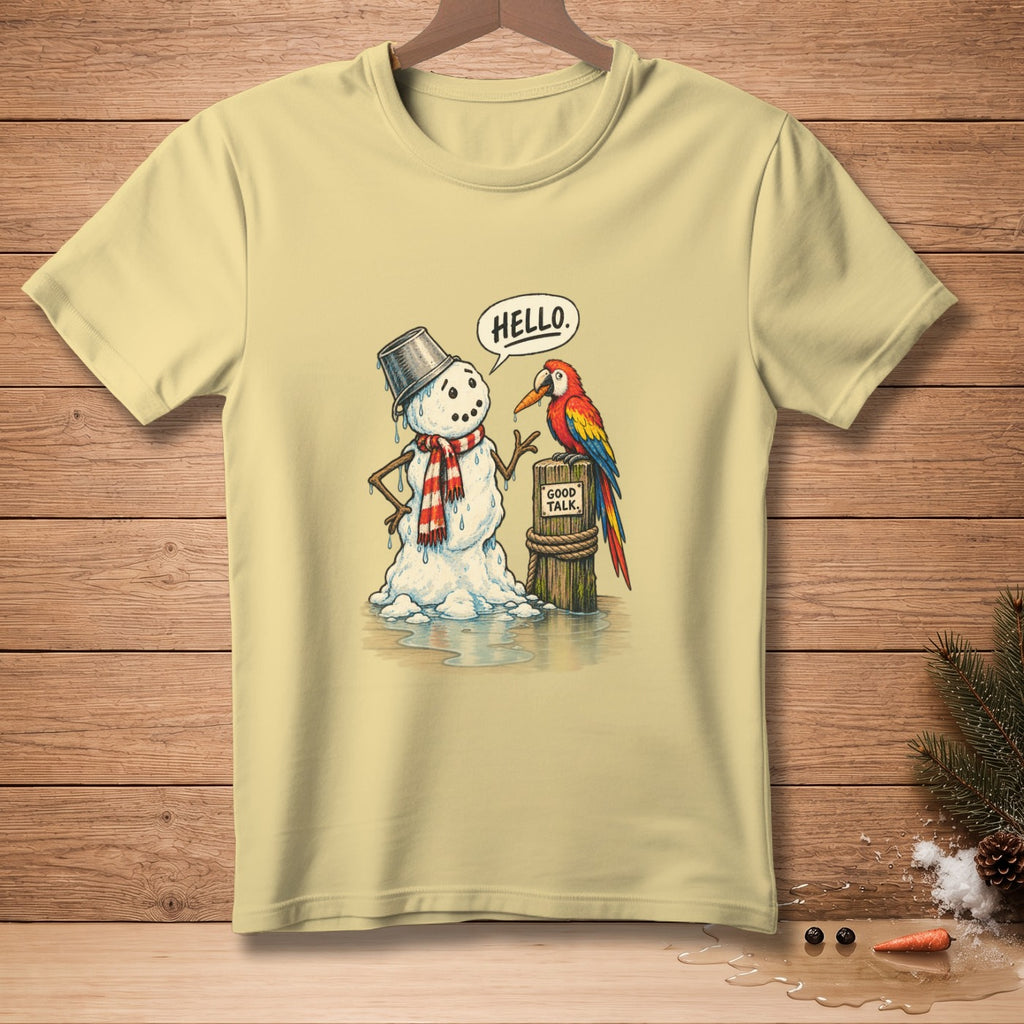 Melting snowman with bucket hat and scarf talks to parrot saying "Good Talk."