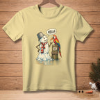 Melting snowman with bucket hat and scarf talks to parrot saying "Good Talk."