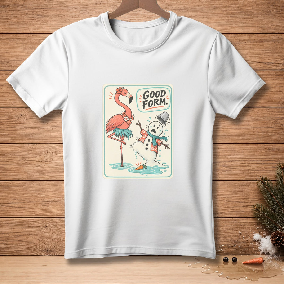T-shirt graphic of melting snowman and flamingo with text "GOOD FORM."
