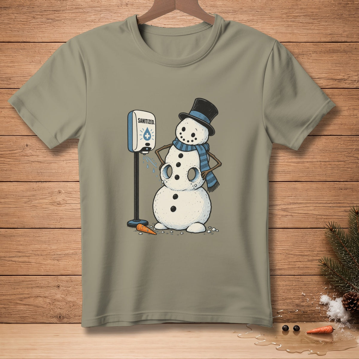 Snowman in a top hat and scarf sanitizing hands from dispenser.
