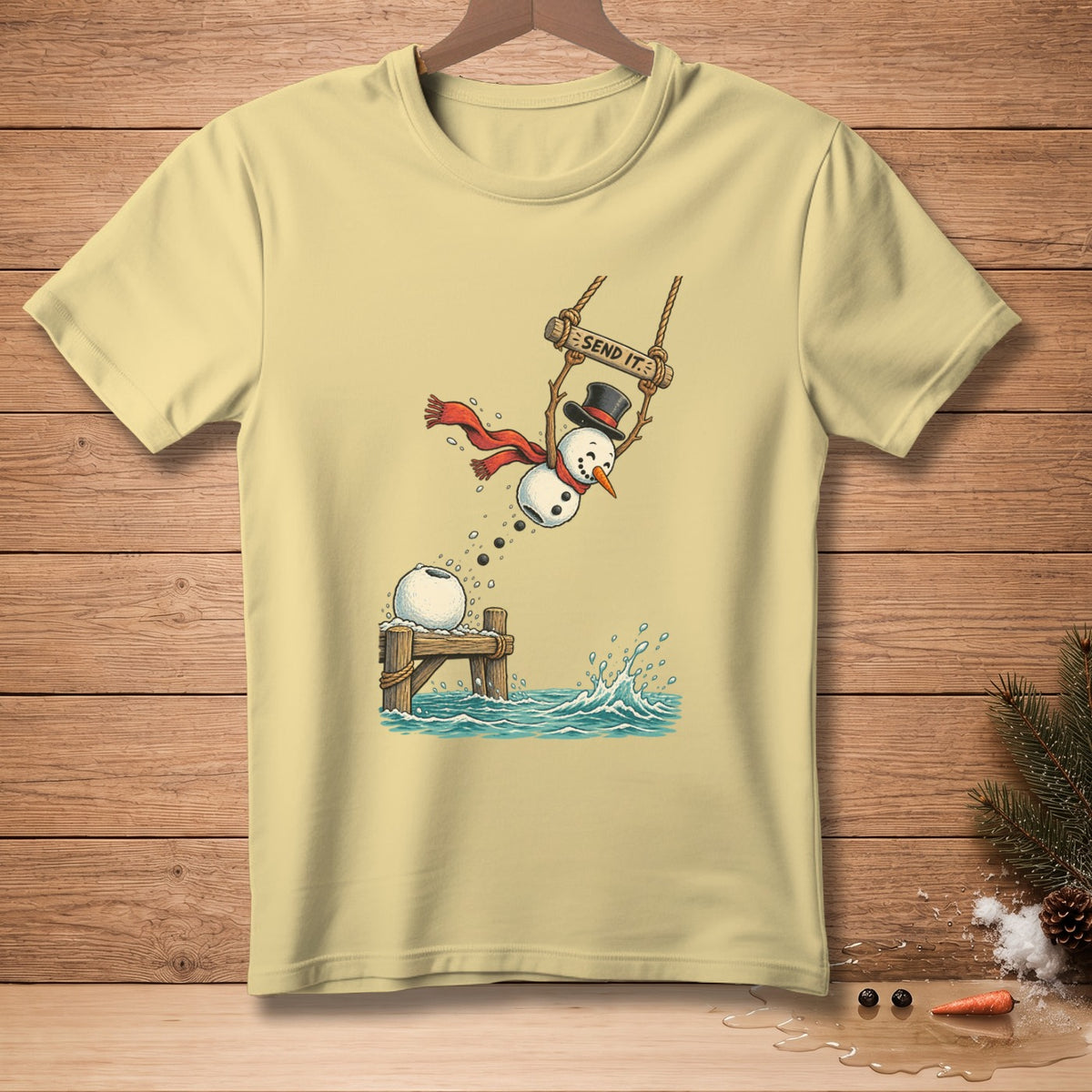 Snowman on swing with "SEND IT." text jumps into water from dock.