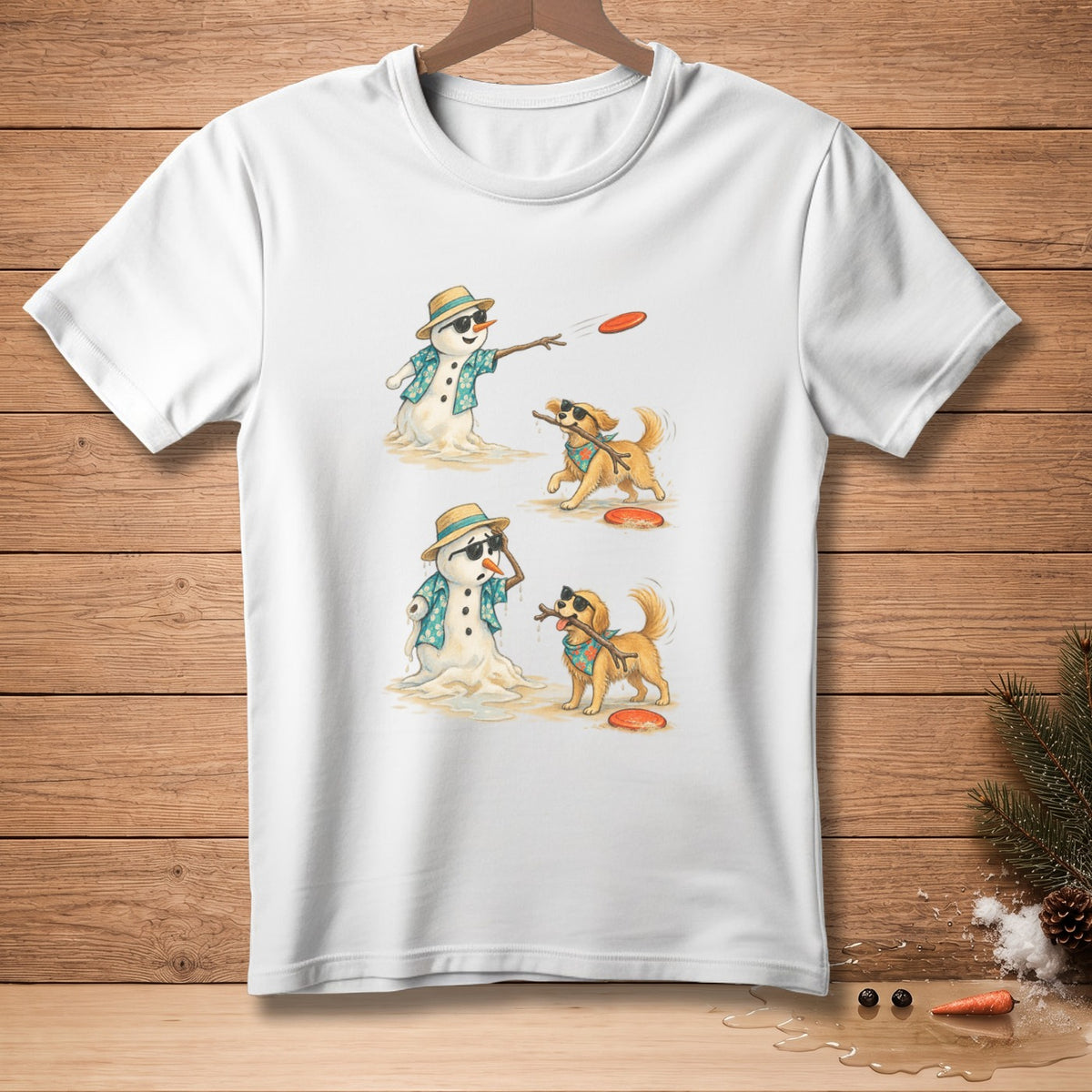 Two melting snowmen in Hawaiian shirts play fetch with dogs and frisbees.