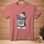 T-shirt graphic of a melting snowman in a cooler bag with "PACKED FRESH" text.