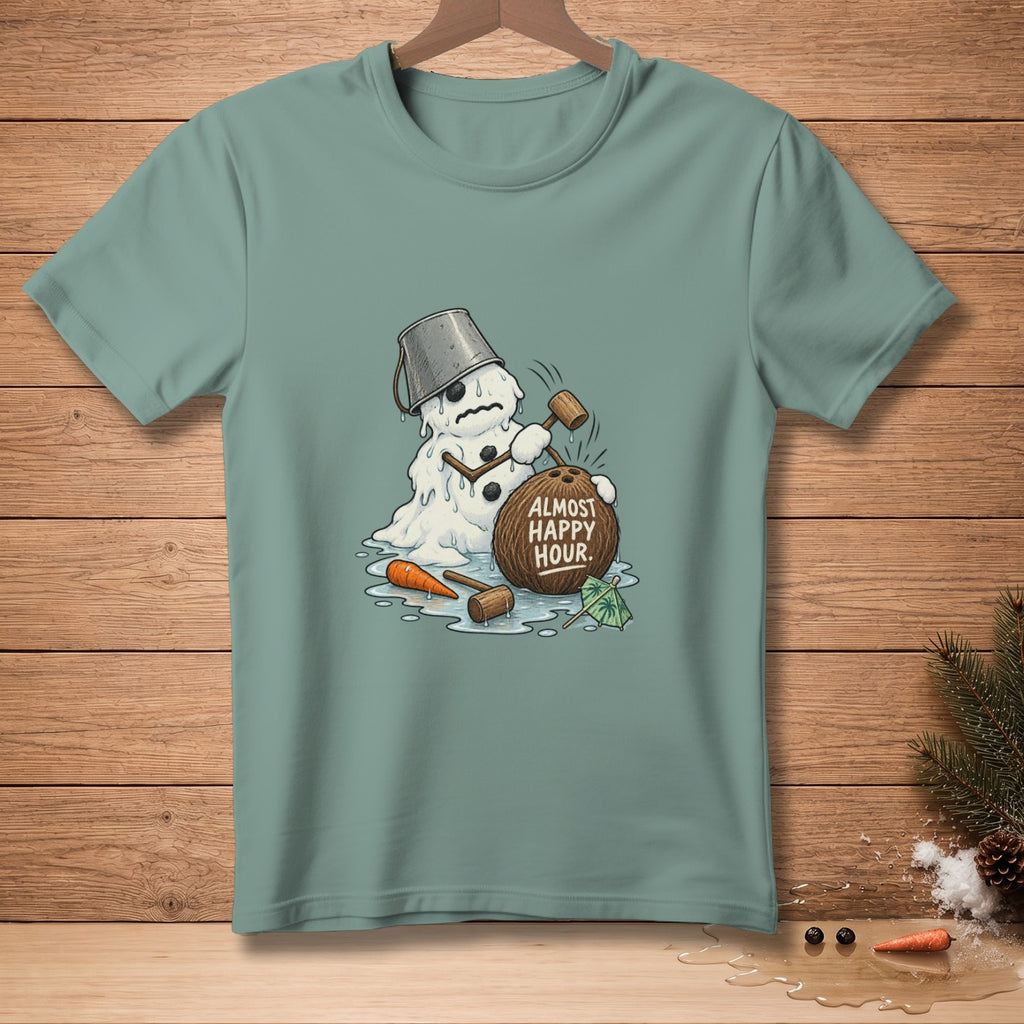 Melting snowman with coconut reads "ALMOST HAPPY HOUR".