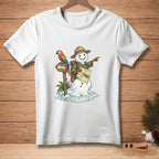 Snowman explorer with parrot, map, and directional sign pointing.