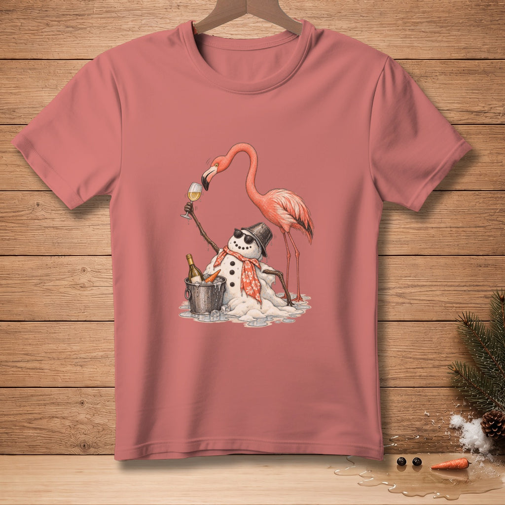 Flamingo and snowman with wine bottle and glass, on a pink t-shirt.