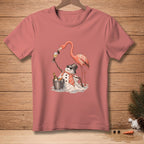 Flamingo and snowman with wine bottle and glass, on a pink t-shirt.