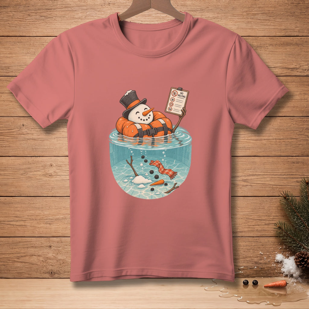Snowman in life jacket in fishbowl holding "No Melting" sign.
