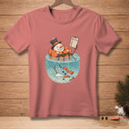Snowman in life jacket in fishbowl holding "No Melting" sign.