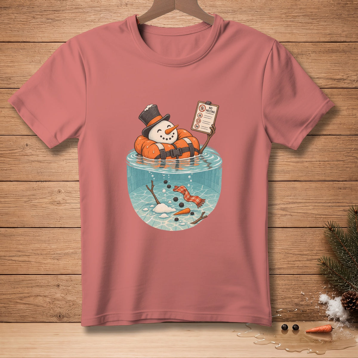 Snowman in life jacket in fishbowl holding "No Melting" sign.