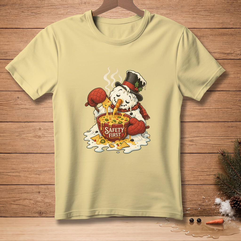 Snowman melting into cheese dip with "Safety First" text on the bowl.