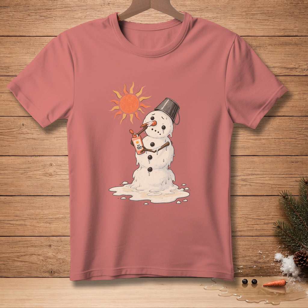 T-shirt with melting snowman, sun, and SPF 100 sunscreen.