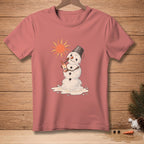 T-shirt with melting snowman, sun, and SPF 100 sunscreen.