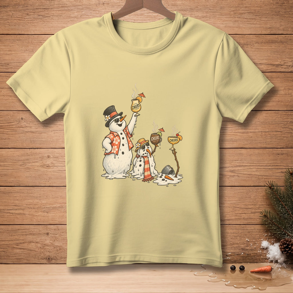 Melting snowmen in Hawaiian shirts and sunglasses hold "Cheers" cocktails.