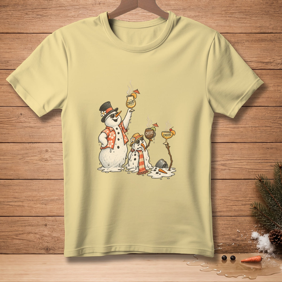 Melting snowmen in Hawaiian shirts and sunglasses hold "Cheers" cocktails.